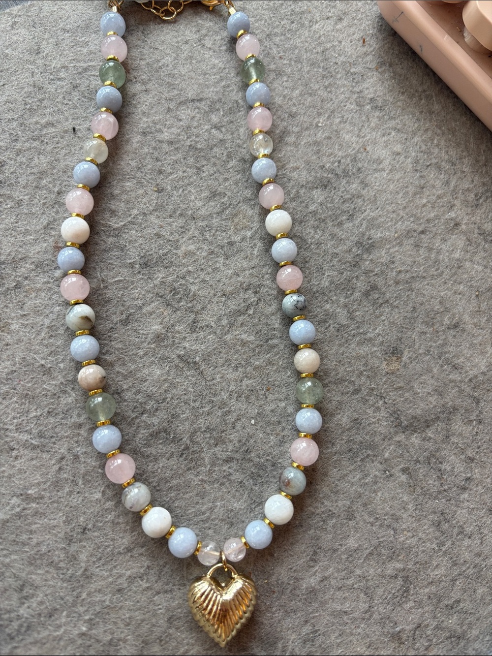 Gold Heart Pendant Beaded Necklace Pastel colors